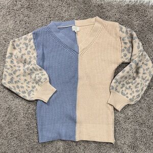 Two-Tone V-Neck Knit Sweater in Blue and Cream with Patterned Sleeves